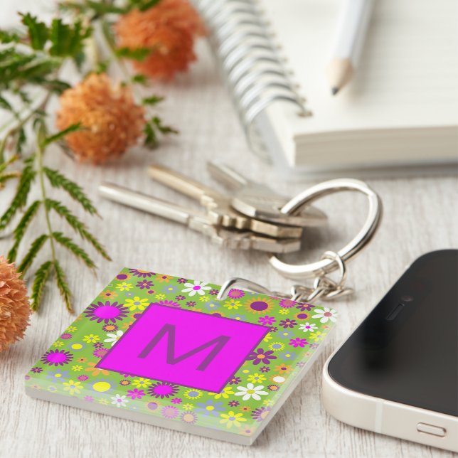 Flower Power Bright Green and Pink Monogrammed Keychain (Front Right)