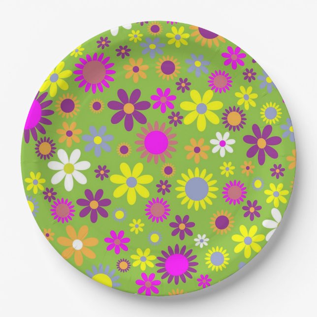 Flower Power Bright Green Paper Plates (Front)