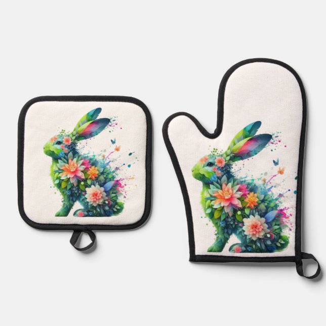 Flower Power Bunny Rabbit Oven Mitt & Pot Holder Set (Front)