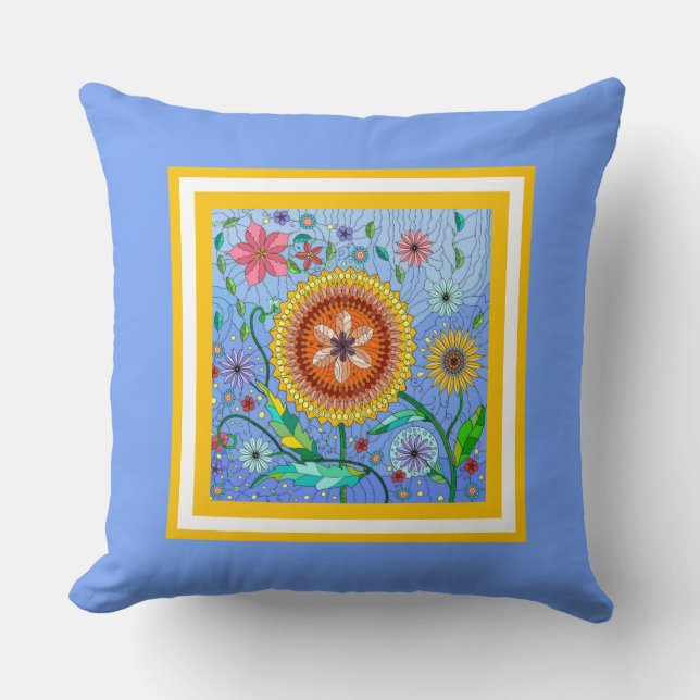Flower Power! Colorful painted flowers on blue Throw Pillow (Front)