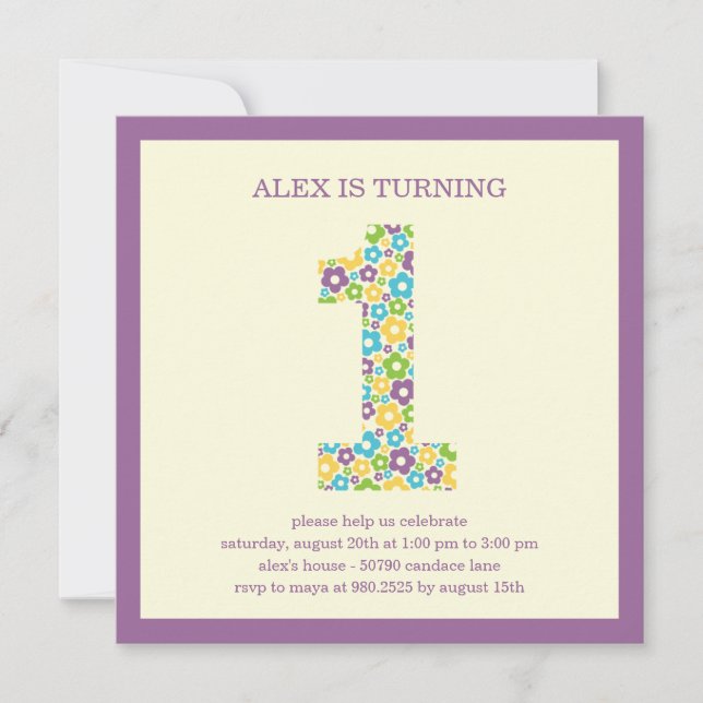 Flower Power First Birthday Invitation - Purple (Front)