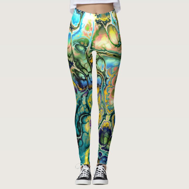 Flower Power FRACTAL BATIK Teal Yellow Blue Salmon Leggings (Front)