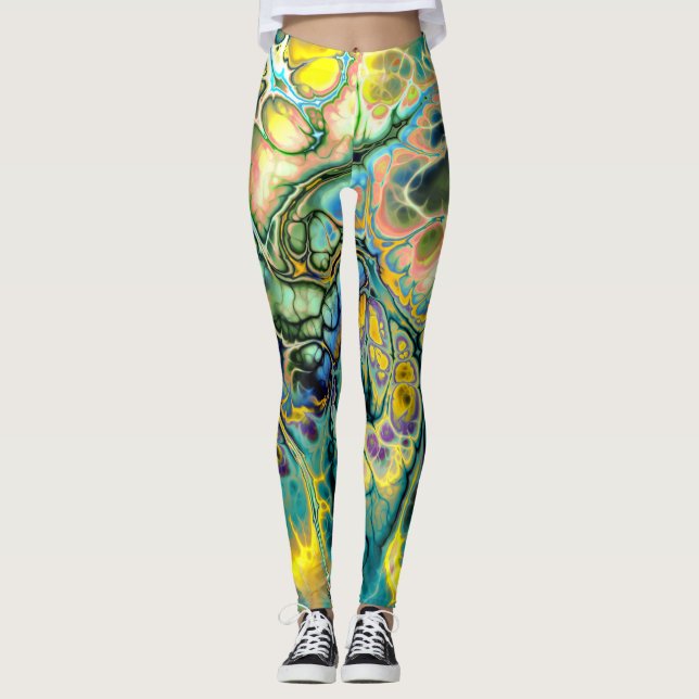 Flower Power FRACTAL BATIK Teal Yellow Blue Salmon Leggings (Front)