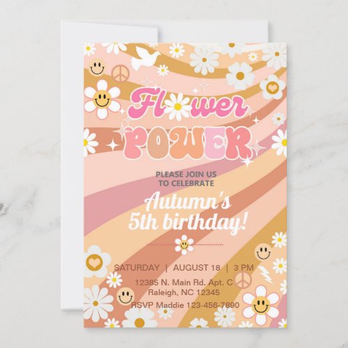 Flower Power Groovy girl 5th birthday invite Invitation