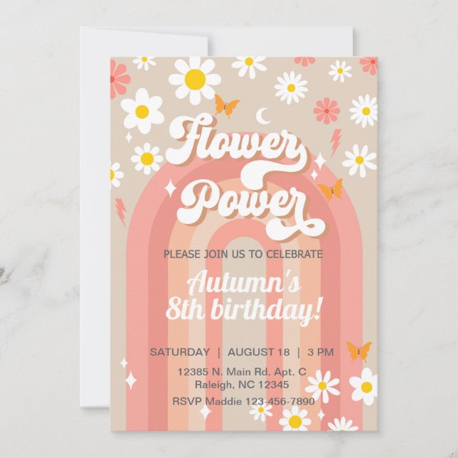 Flower Power Groovy girl 8th birthday invite. Invitation (Front)