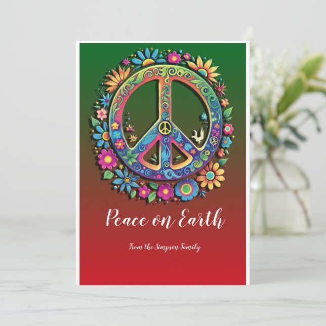 Flower Power Harmony: Customizable Peace on Earth  Holiday Card (Standing Front)