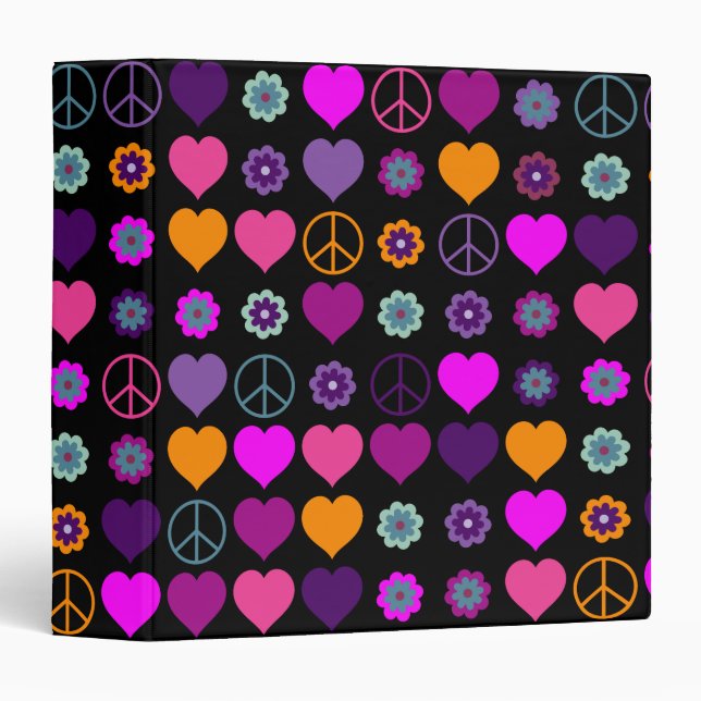 Flower Power Heart Peace Pattern + your backgr. 3 Ring Binder (Front/Spine)