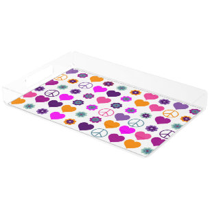 Flower Power Heart Peace Pattern + your backgr. Acrylic Tray