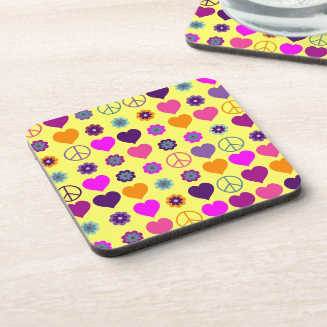 Flower Power Heart Peace Pattern + your backgr. Drink Coaster (Left Side)
