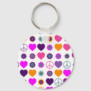 Flower Power Heart Peace Pattern + your backgr. Keychain