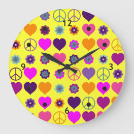 Flower Power Heart Peace Pattern + your backgr. Large Clock