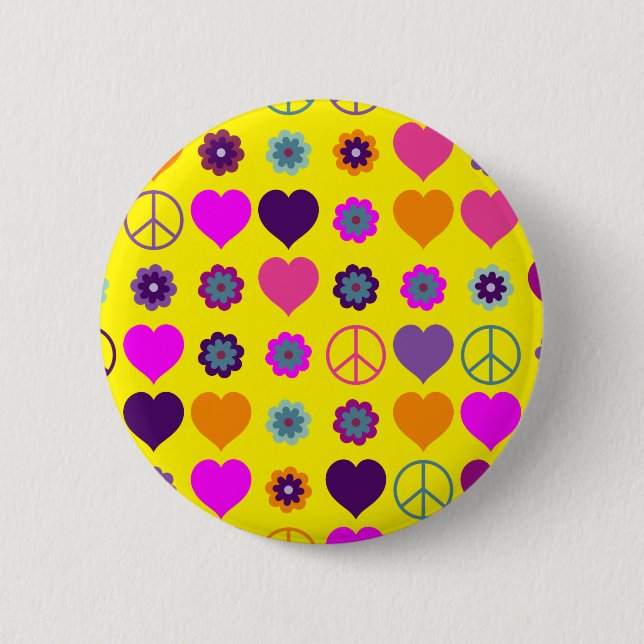 Flower Power Heart Peace Pattern + your backgr. Pinback Button (Front)