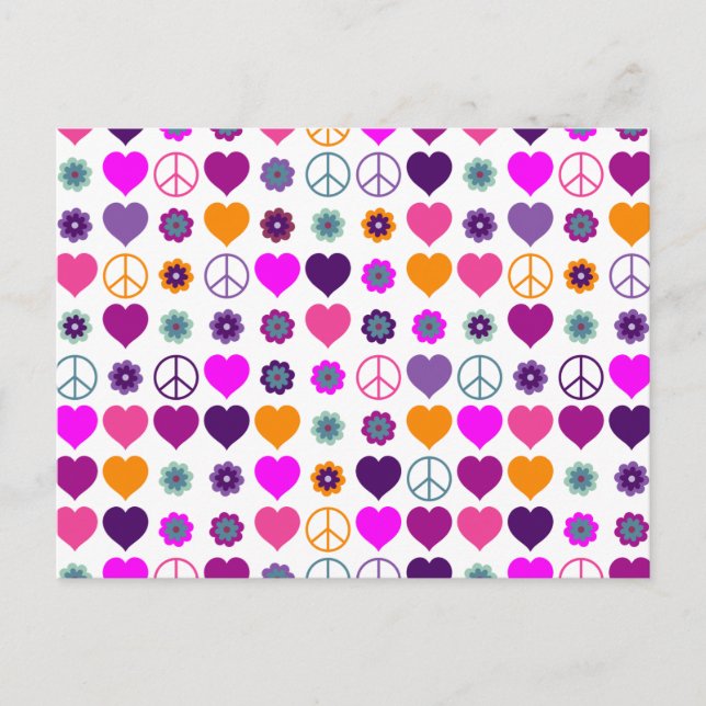 Flower Power Heart Peace Pattern + your backgr. Postcard (Front)