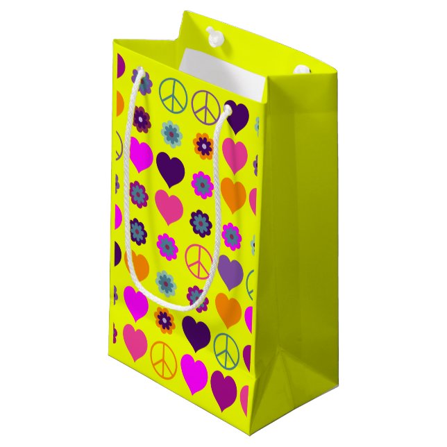 Flower Power Heart Peace Pattern + your backgr. Small Gift Bag (Front Angled)