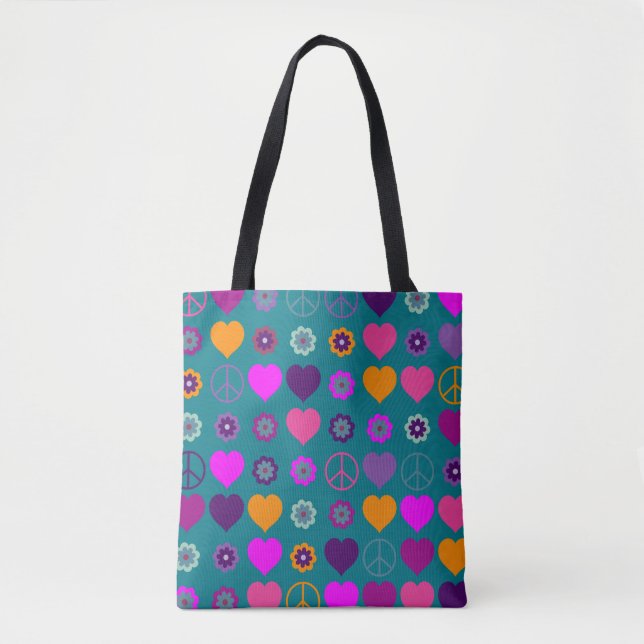 Flower Power Hearts Peace Blooms Pattern Tote Bag (Front)