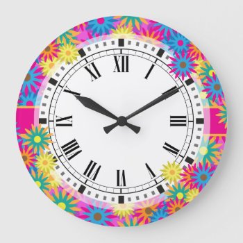 Flower Power Hippie 1960s Retro Colorful Large Clock by VillageDesign at Zazzle