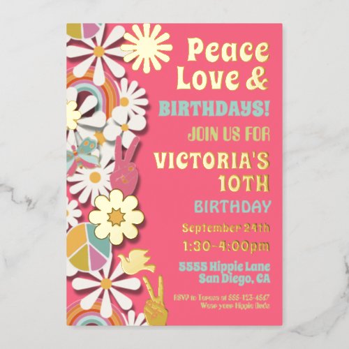 Flower Power Hippie Birthday Party Foil Invitation