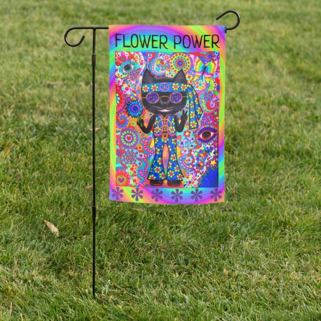 Flower Power Hippie Cat Purple Shades Funny Cute Garden Flag (In SItu)