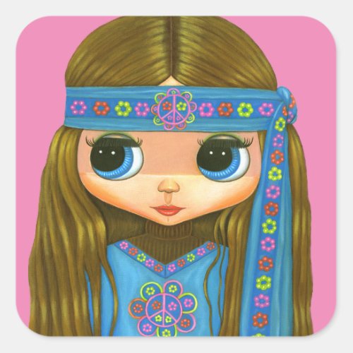 Flower Power Hippie Chick Headband Big Eyes Cute Square Sticker