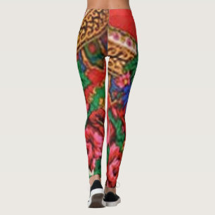 Flower power in dark reds and mixed greens design leggings