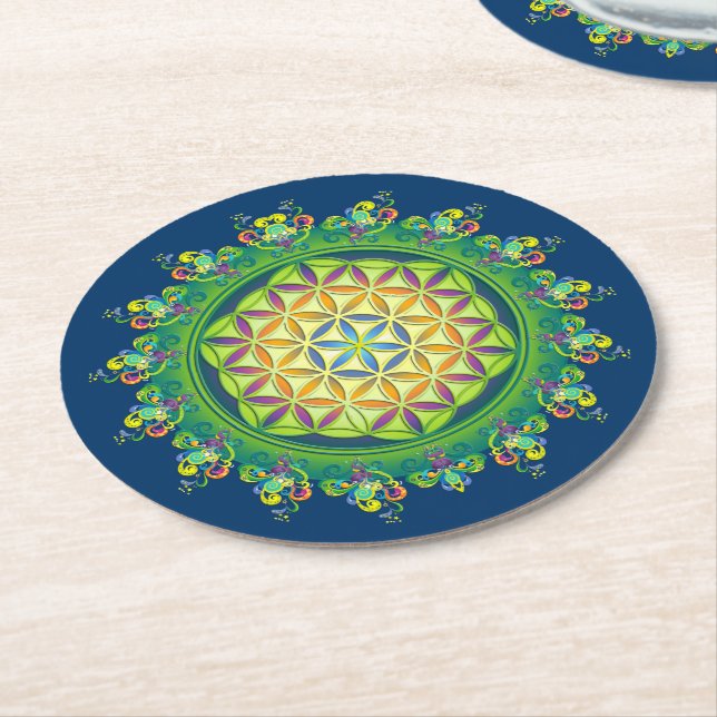 Flower Power of Life / Blume des Lebens - green Round Paper Coaster (Angled)