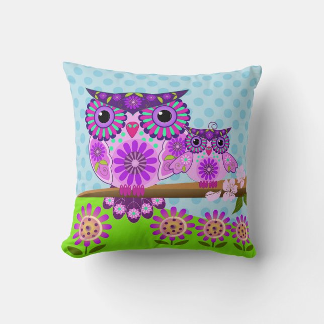 Flower power Owl and her owlet Throw Pillow (Front)