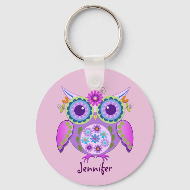 Flower power Owl & custom Name Keychain (Front)