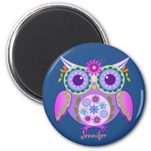Flower power Owl  custom Name Magnet