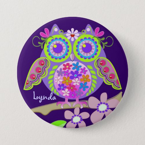 Flower power owl with custom name button