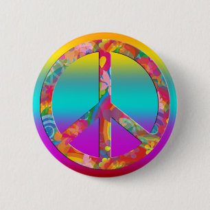 Flower Power Peace   coloured lines Button