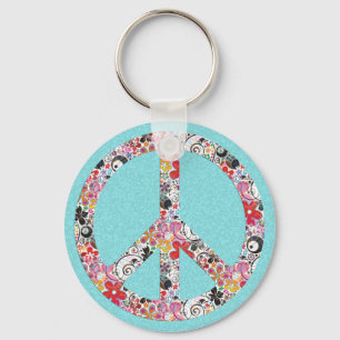 Flower Power Peace I cyan splatter Keychain