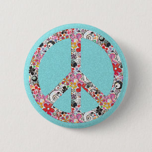 Flower Power Peace I cyan splatter Pinback Button