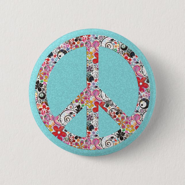 Flower Power Peace I | cyan splatter Pinback Button (Front)