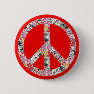 Flower Power Peace I fire red splatter Pinback Button