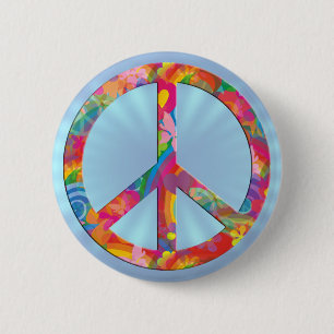 Flower Power Peace lightblue shine Button