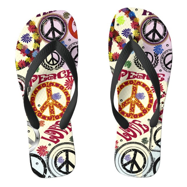 Flower Power Peace & Love Hippie Flip Flops (Footbed)