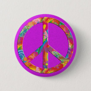Flower Power Peace pink splatter Button