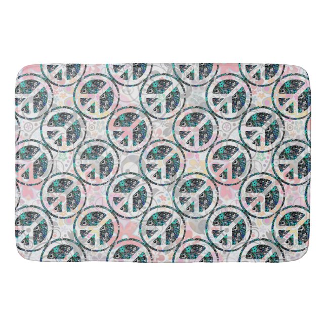 Flower Power Peace sign III + your backgr. & ideas Bath Mat (Front)