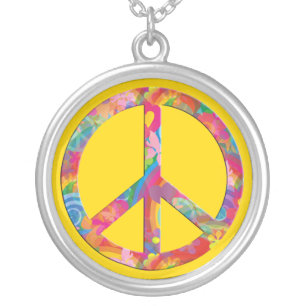 Flower Power Peace   yellow Silver Plated Necklace