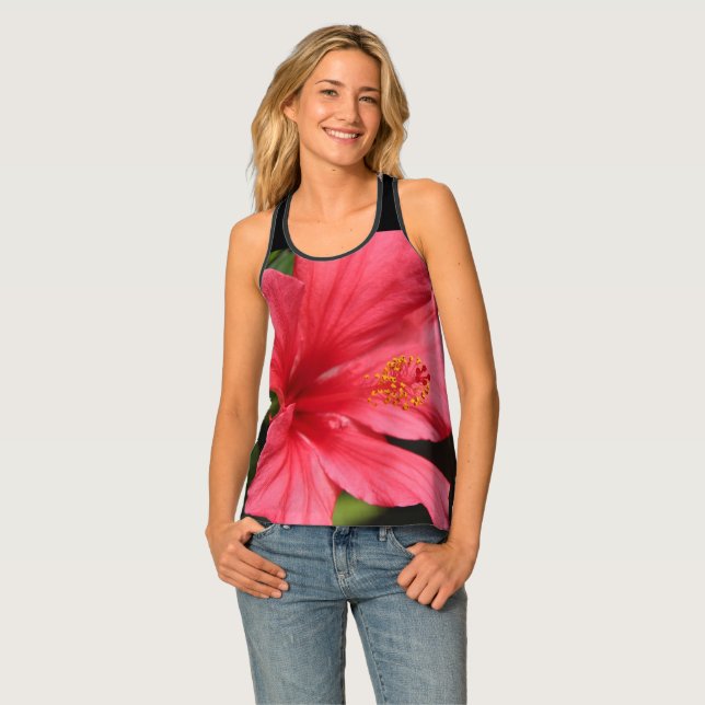Flower Power, Pink Hibiscus on Black Tank Top (Front Full)