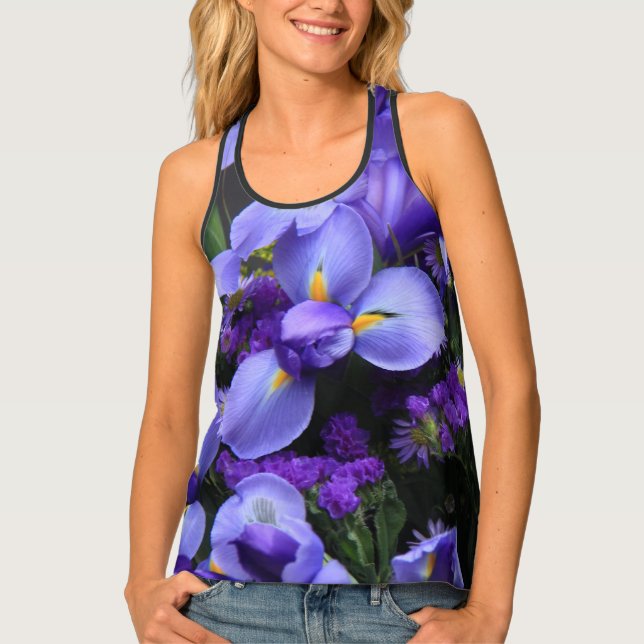 Flower Power, Purple Iris on Black Tank Top (Front)