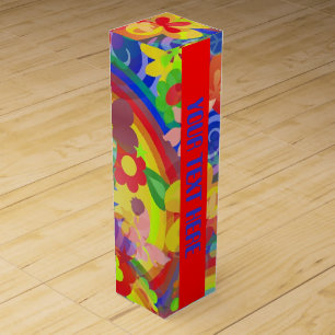 FLOWER POWER RAINBOW Pattern + your text Wine Gift Box