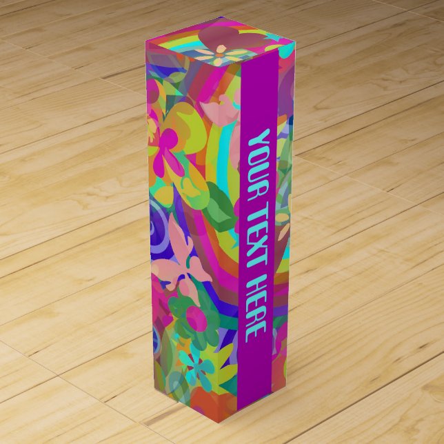 FLOWER POWER RAINBOW Pattern + your text Wine Gift Box (Front)