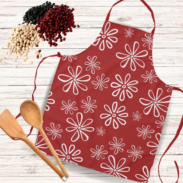 Flower Power Red and White Retro Floral Apron (Creator Uploaded)