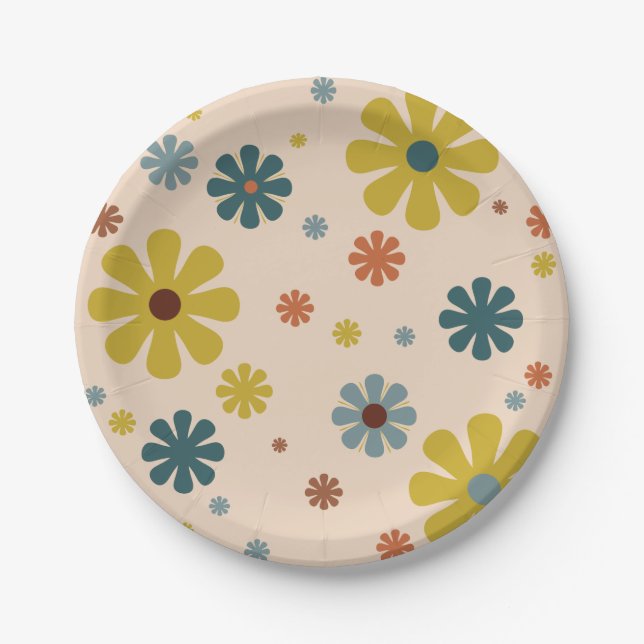 Flower Power Retro 60s Pattern Mustard Blue Orange Paper Plates (Front)