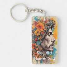 Flower Power Retro Male Portrait Acrylic Keychain