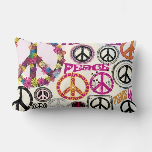 Flower Power Retro Peace  Love Hippie Symbols Lumbar Pillow