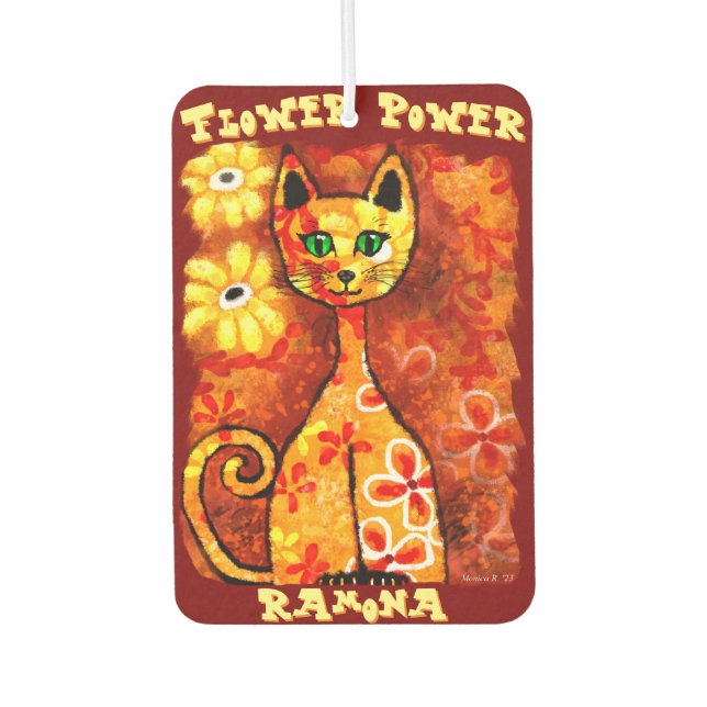 Flower Power Retro Whimsical Cat Personalized Air Freshener (Front)