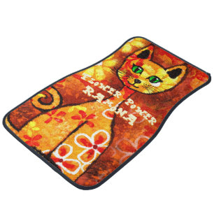 Flower Power Retro Whimsical Cat Personalized Car Floor Mat