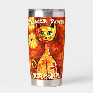 Flower Power Retro Whimsical Cat Personalized Insulated Tumbler